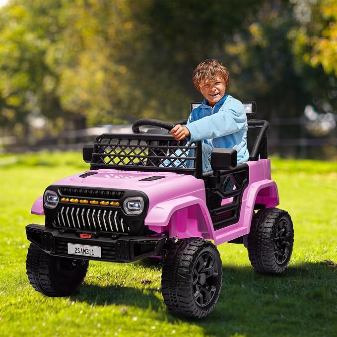 GarveeLife 12V Kids Ride On Truck Electric Vehicle Battery Powered Car Toddlers Ride On Toy for Boys Girls with Remote Control, 4-Wheel Suspension, Battery Display, LED Lights, Music, Pink