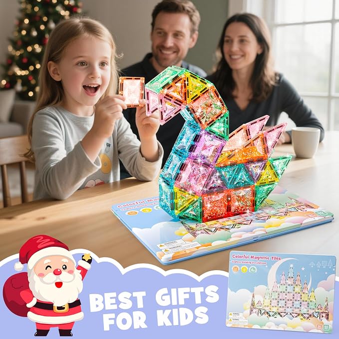 Magnetic Tiles Building Blocks for Kids Ages 3-8, Diamond Surface Travel Set with Metal Storage Box, 60PCS STEM Montessori Educational Learning Toys Gifts