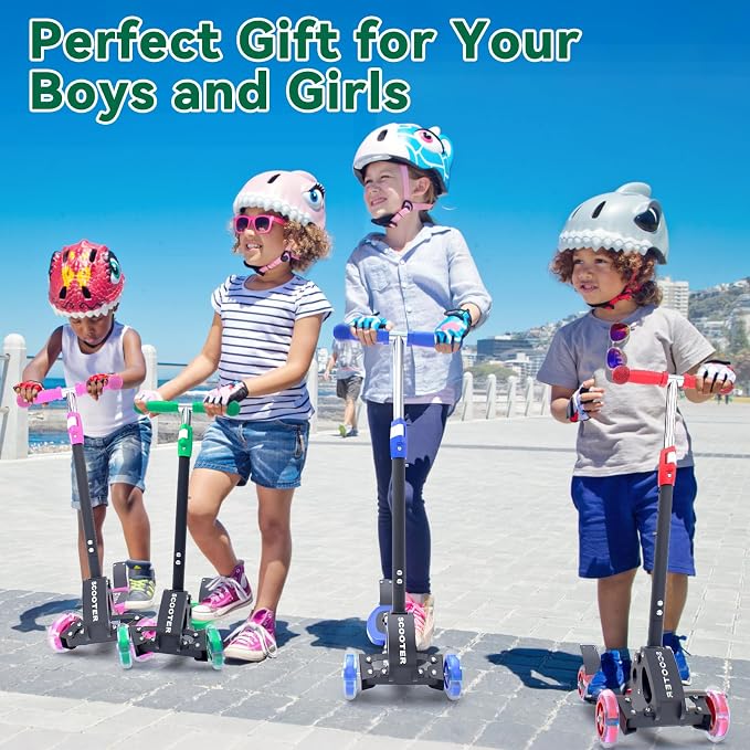 Scooter for Kids Ages 3-5, LED Light Up 3 Wheel Toddler Scooter with 4 Adjustable Heights, Lean-to-Steer Wheels, Safe Metal Brake, Foldable Kick Scooter for Boys Girls, Support 120 lbs, Birthday Gift