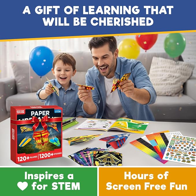 Doctor Jupiter Paper Airplane Book Kit for Kids Ages 6+ | Make & Fly 120+ Paper Airplanes with 1200+ Stickers | Birthday Gift Ideas for 6-7-8-9-10 Year Old Boys & Girls | STEM Airplane Toy, Craft Kit