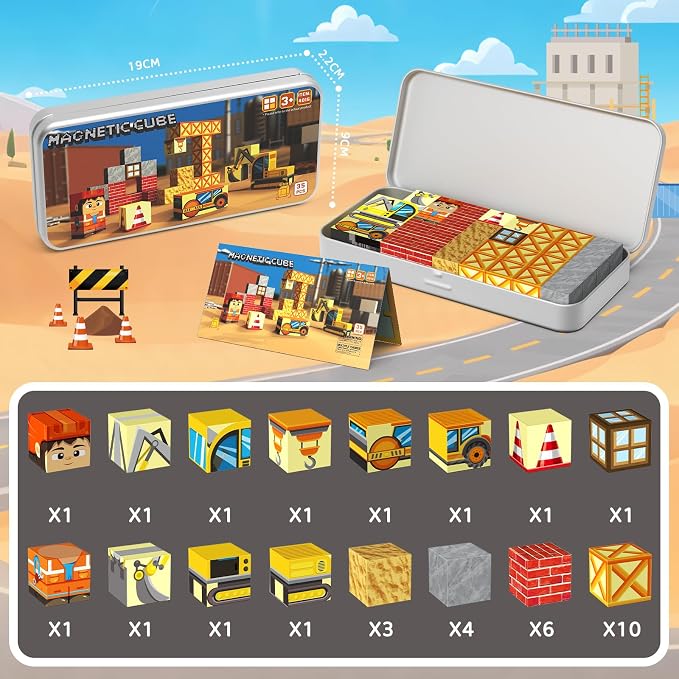 WMXDU Magnetic Blocks with Magnet Box-35PCS Magnet Cubes, Magnetic Tiles Kids Build Cubes Travel Game Toys, Road Trip Sensory Toy Christmas Birthday Gifts for Boys & Girls Ages 3