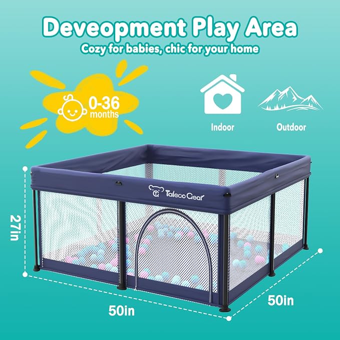 Foldable Baby Playpen for Babies and Toddlers, 50x50 Inch Portable Play Yard, Collapsible Play Pen with Mat, Visible Mesh, 50 Ocean Balls, Indoor/Outdoor Baby Fence Activity Center for Home