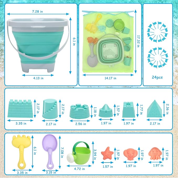 RACPNEL Beach Toys Sand Set for Kids, Collapsible Bucket and Shovels with Mesh Bag, Molds, Flags, Sandbox Kids Toddlers, Travel (Tavel Size)