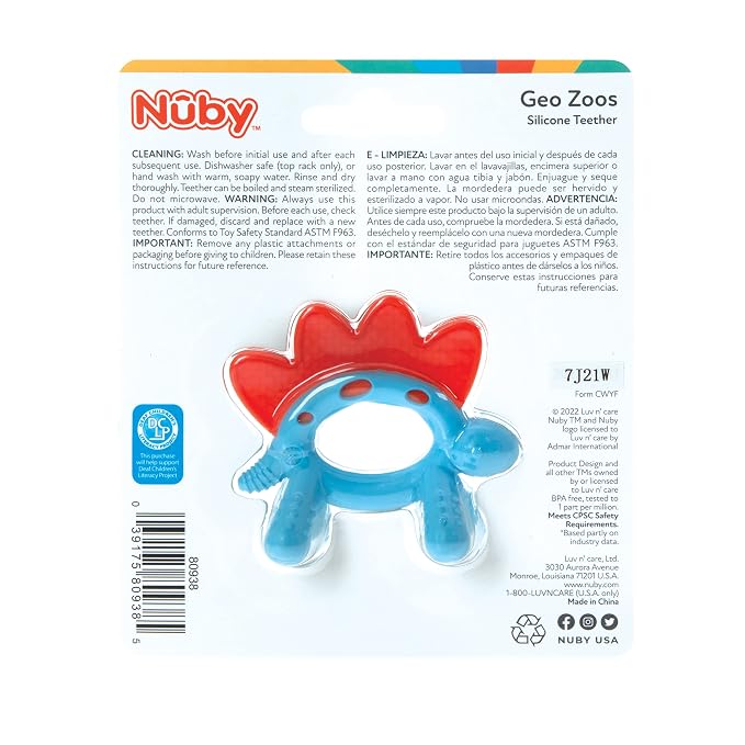 Nuby Geo Zoos Massaging Teether - Baby Teething Toy - Soft Easy Grip - 3+ Months - Dino - Easter Basket Stuffer