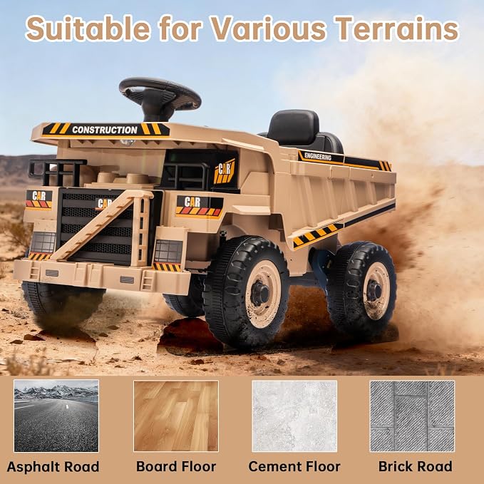 12V Ride On Dump Truck Kids Ride On Car for Kids, Battery Powered Electric Car with Remote Control, Electric Dump Bed, Wear-Resistant Tires, 4 Wheels Tractor Ride On Toys, Khaki
