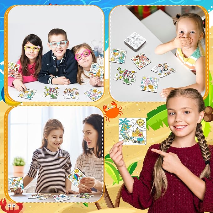 Realspring 24 Pack Color Your Own Jigsaw Puzzles for Kids 3-5, 4-6, 6-8, Coloring Crafts DIY Paper Puzzles Party Favors Gifts for Toddler Children Learning Education Toys(Summer)