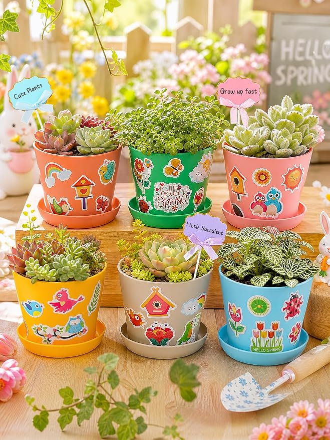 Cosweet 12 Pack Durable Resin Garden Pot Craft Kit for Kids | Colorful Flower Plant Crafts with Trays, Stickers & Blank Labels, Art Activities for Classroom School Home DIY Gifts 4+ years