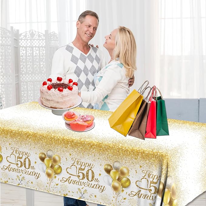 Happy 50th Anniversary Table Cloth,50 Year Anniversary Decorations 3Pcs White and Gold Tablecloth Waterproof Rectangular Table Cover for 50 Year Old Birthday Party Supply