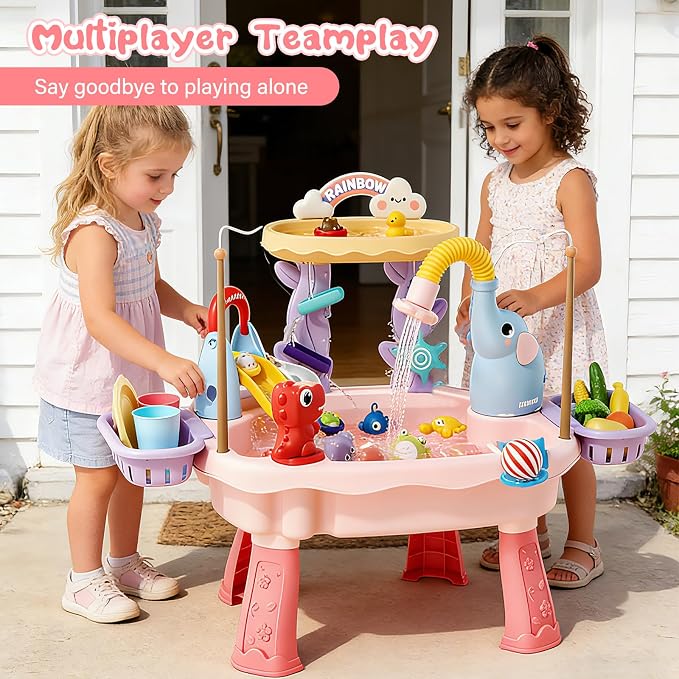 2027 Upgraded Toddler Sand Water Table Toy with Electric Water Pump, Kids Sand Water with Faucet/Play Food Accessories/Fishing Toy, Kitchen Play Sink Toys for Girl Boy Age 3+ (Pink)