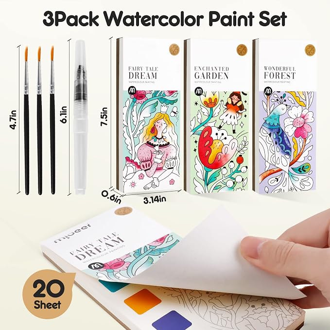 3pack Watercolor Painting Coloring Books, Paint with Water Arts & Crafts Kit for Kids, Pocket Watercolor Paint Bookmarks, Travel Activities Art Supplies Party Favors Birthday Gift for Boys and Girls