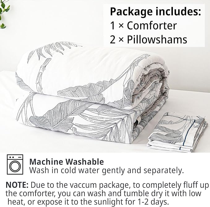 LEMIROE Botanical Cotton Comforter King Size - White Comforter with Delicate Black Leaves Patterns,Grey Reversible Lightweight Bedding Sets 3Pcs(Stripes)