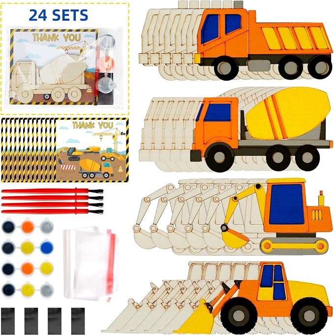 24 Set Construction Birthday Party Supplies, Trucks Parties Craft Construction Theme Birthday Paint Party Favors with Wooden Painting Crafts, Thank You Cards, Paints, Brushes and Bags Decorations