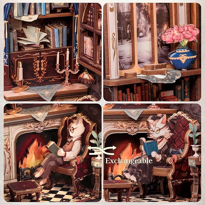Fsolis Book Nook Kit Cat, DIY Scene Miniature House Kit (Count Cat's Study) | 3D Wooden Puzzles for Adults Booknook for Beginners Bookshelf Nook Decor Mini Building Kit Gift for Women Book Lovers