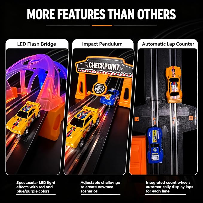 Electric Slot Car Race Track Sets with 4 High-Speed Racing Slot Cars Dual Racing Game with 2 Controllers Circular Overpass Track Featuring Flash Bridge Pendulum Gifts Toys for Boys Kids Age 6 7 8-12