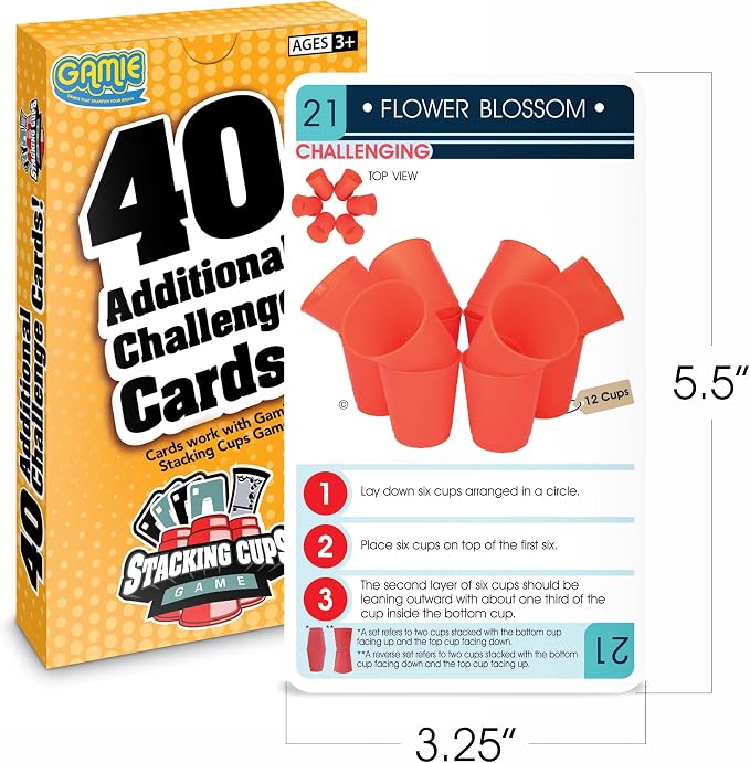 Gamie Challenge Cards for Stacking Cups Game - 40 Additional Cards With Instructions - 20 Medium and 20 High Difficulty for Next Level Fun - Cups Sold Separately