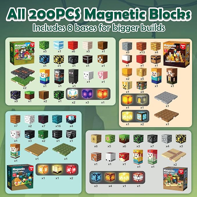 ToyUnited 4-in-1 Magnetic Blocks with 24 Light Up Blocks, 200PCS Magnetic Building Blocks with 8 Base Plates, Screen-Free Magnetic Building Cubes Toy, Christmas Birthday Gifts for Boys Girls Age 3+