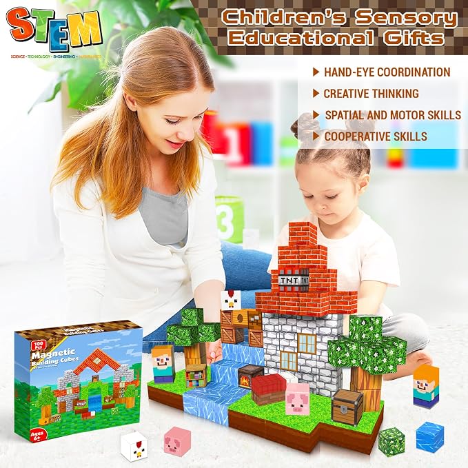 Annexfun Magnetic Blocks-100PCS Grassland Building Blocks Set, Kids Classroom Sensory Toy, STEM Learning, Construction Stacking Toy for Kids 3+ Boys & Girls Easter Christmas Birthday Gifts