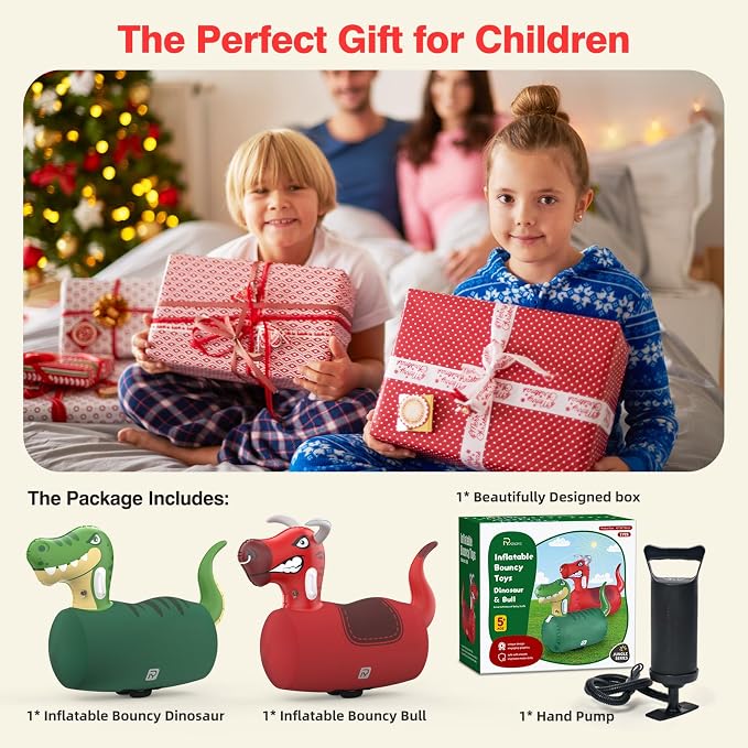 POVYRE Hoppers Kids Boys Outdoor Toys, 2 PCS Giant Inflatable Dinosaur Bull Toys Bouncy Hopper with Pump, Ride-on Jumping Animal for Indoor Outdoor Play, 220 lbs Capacity, Gift for Ages 5+