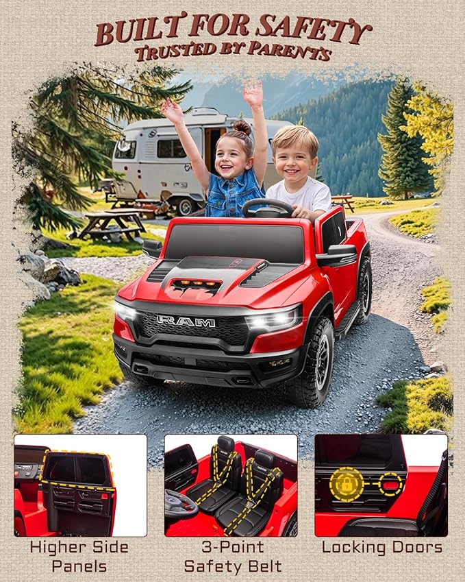 First Ride On 24V Ride On Toys for Big Kids, RAM 1500 2 Seater Ride on Car w/Remote, Battery Powered Truck w/ 4 Wheels Suspension, Toddler Car w/Bluetooth, LED Lights, Trunk