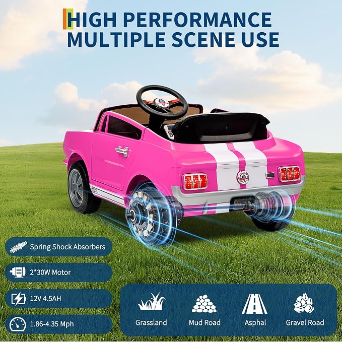Garvee Ride on Licensed Shelby GT350, 12V Ride on Toys for Toddlers with Remote Control, Licensed Ford Shelby Kids Electric Vehicle with Safety Belt, 2 Speeds, Headlight, Upgraded Panel, Pink