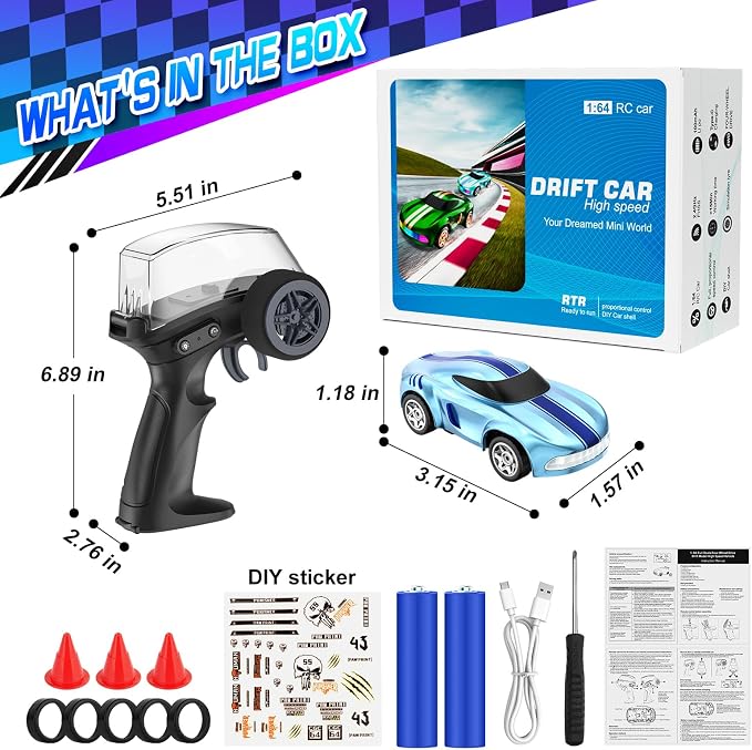 RC Drift Car, 1/64 Mini Drift RC Cars 4WD Micro Remote Control Car with LED Lights and Speed Switch, Ideal Birthday Cars Toys for Adults Kids Boys Age 6 7 8-12, Blue