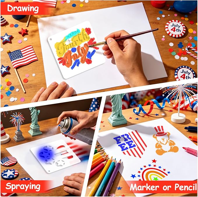 72 PCS 3x3 Inch Independence Day Stencils for Painting - Reusable USA Flag Patriotic Painting Templates, Red White and Blue Party Supplies for 4th of July Memorial Day Painting Stencil