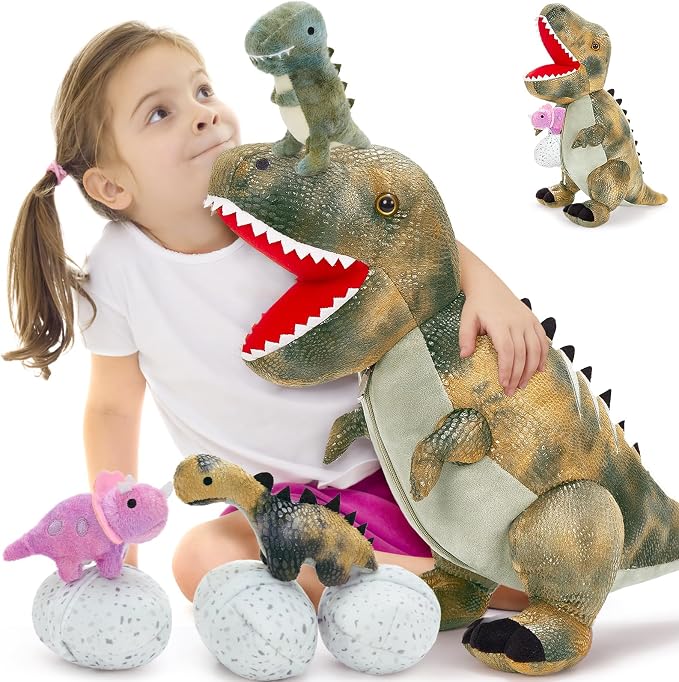 MorisMos Dinosaur Stuffed Animals Set,23.6'' Big Stuffed Dinosaur Mommy + 3 Baby Dino Toys+3 Plush Dino Eggs, Boy Girl T-Rex Toys for Kid Birthday Gift,Realistic T-rex, CPC Certified,Machine Washable