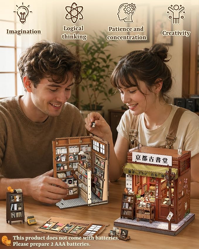 Book Nook Kit - Japanese Showa Retro DIY Miniature Book Nook, Soft LED Vintage Scene Model, Handmade Wooden Assembly Craft Gifts for Adults and Teens (Antique Bookery of Kyoto)