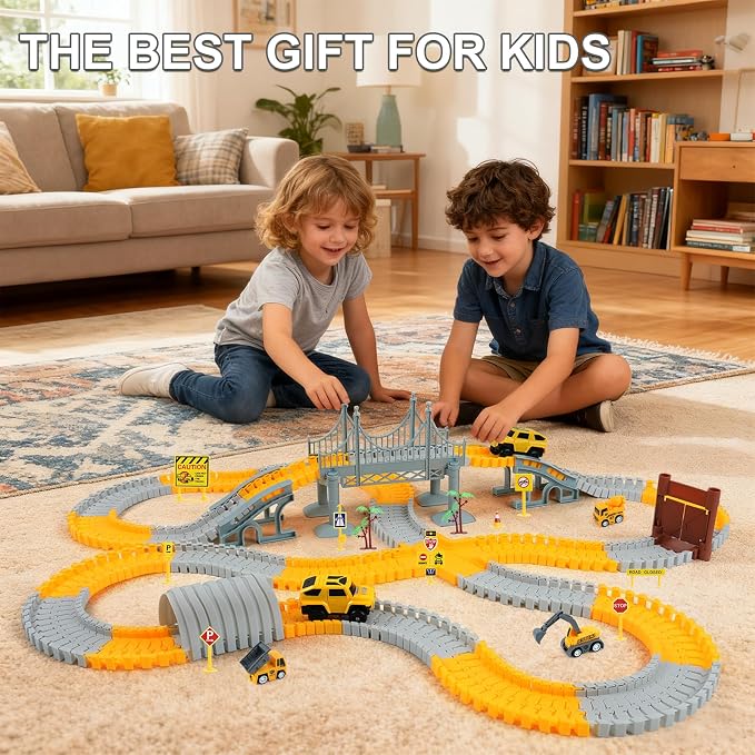 GIAT Construction Race Tracks Toys - Fun Gifts for 3 4 5 6 7 Year Old Boys, 330+ PCS DIY Road Adventure Set with Cars, Flexible Engineering Playset for Kids