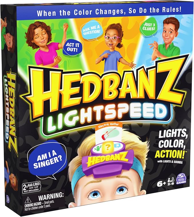 Spin Master Games, Hedbanz Lightspeed with Lights & Sounds, Classic Hedbanz with an Electronic Twist, 2-6 Players, Kids Games, Games for Family Night, for Ages 6 & Up