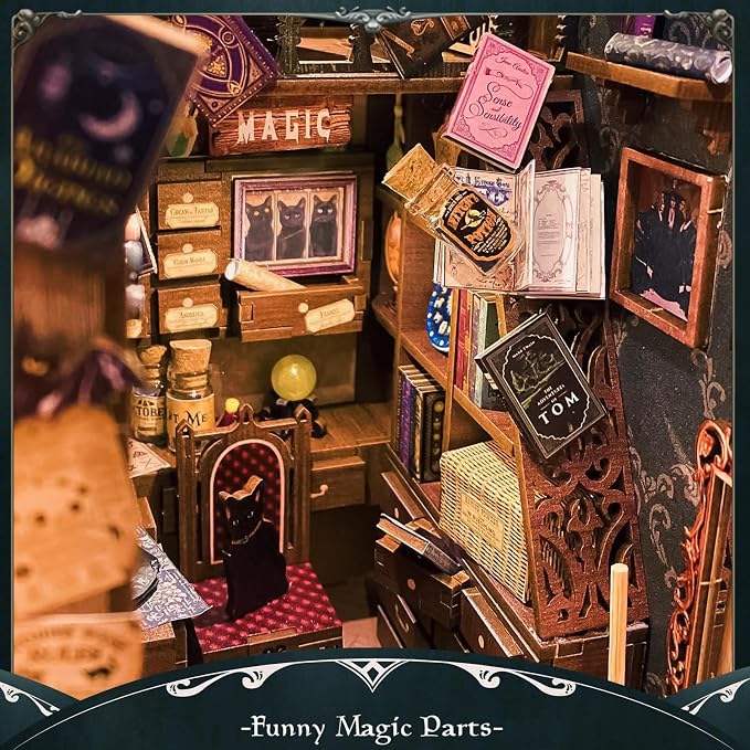 Fsolis Book Nook Kit, 3D Wooden Puzzle for Adults (Magic Pharmacist) | DIY Miniature Magic House Kit, 282 Wood Pieces, Bookshelf Decor with Light and Dusk Cover, Gifts for Women Teens
