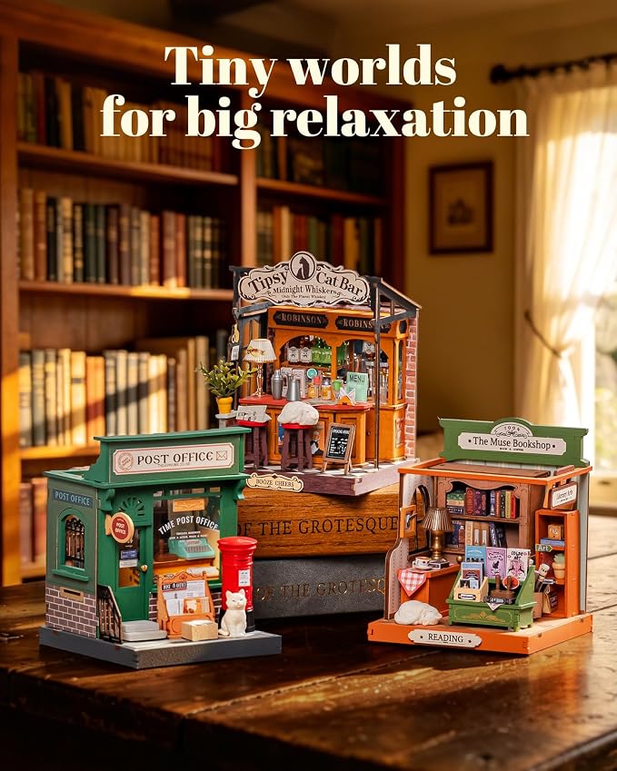 Robotime DIY Miniature House Kit for Adults, 1:28 Diorama Dollhouse with LED Lights, 3D Wooden Puzzles for Adults, Creative Crafts & Unique Gift for Craft Enthusiasts (Tipsy Cat Bar)