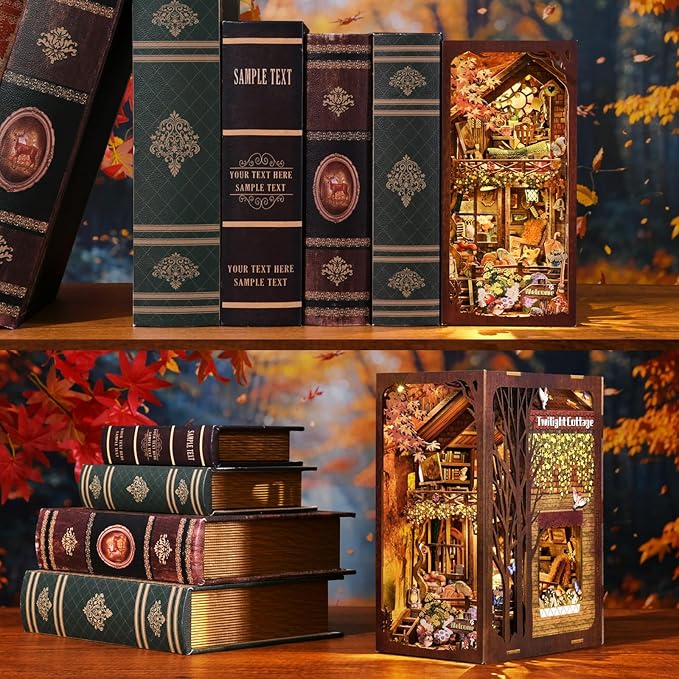 Book Nook Kit, DIY Miniature House Dollhouse Kit 3D Puzzle for Adults | Booknook Bookend Bookshelf Decor Tiny House Model Build with Puppy Diorama, Gifts for Family and Friends