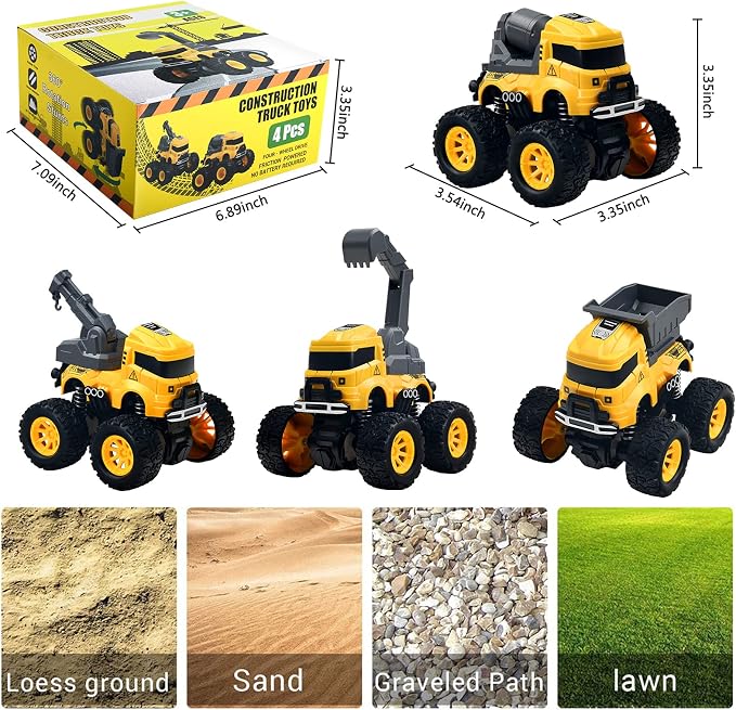 Construction Truck Toys for Boys - 4 Pack Excavator, Mixer, Crane, Dump Trucks Push and Go Friction Powered Cars Monster Trucks Toy for Kids Birthday Party Favors Gifts for 3+ Year Old Boys Girls
