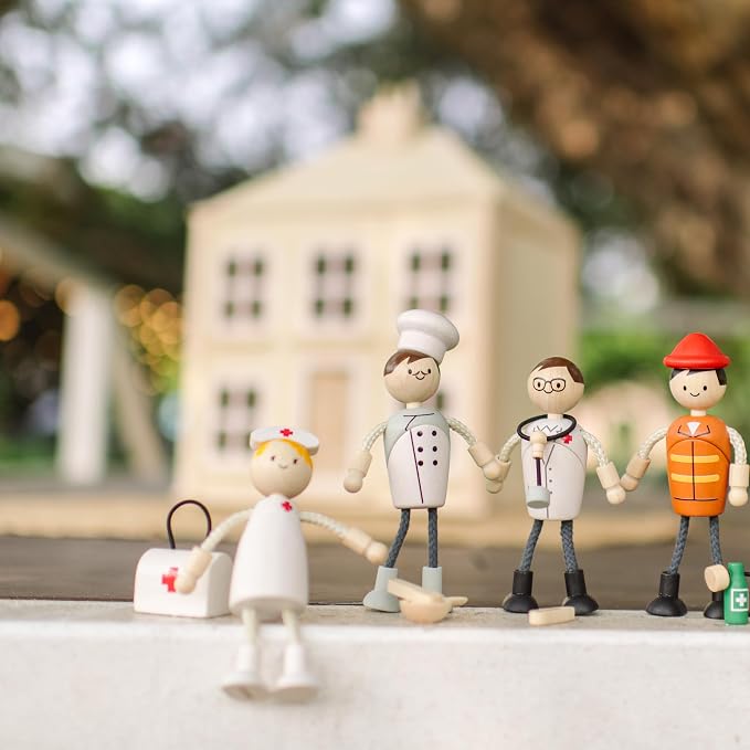 PlanToys® Wooden Nurse Doll | Poseable 1:12 Scale Character Figure for Dollhouse Play, Caregiving & Social Interaction | Eco Friendly Montessori Pretend Play Figure