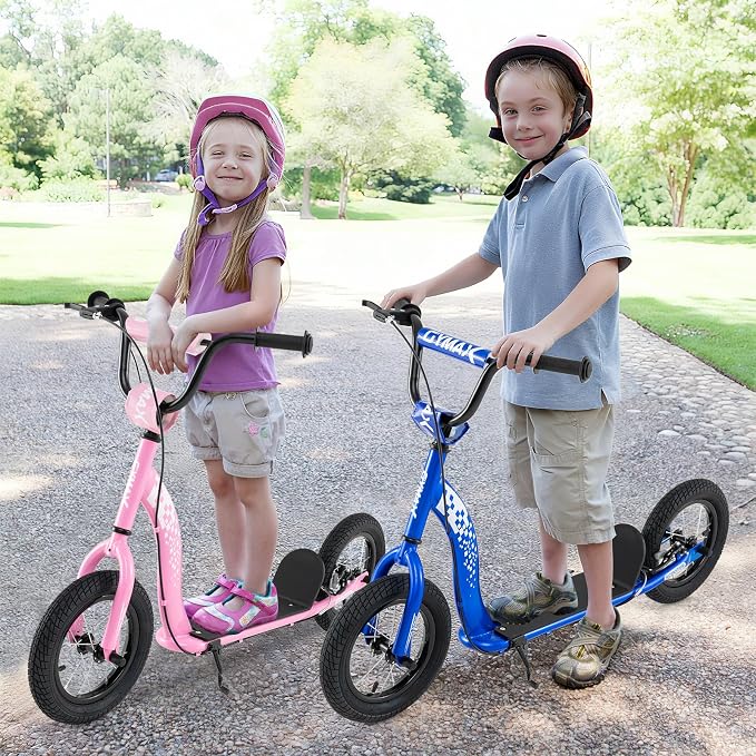 GYMAX Scooter, Kick Scooter for Adults, Teens, Kids with Adjustable Handlebar, 12” Inflatable Wheels, Front Caliper Brake & Non-Slip Deck, Heavy Duty Off-Road Scooter