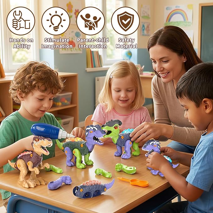 Take Apart Dinosaur Toys for Kids 3-5, Walking Dinosaurs with Spray, Lights & Electric Drill, STEM Educational Construction Building Toy, Christmas Birthday Gift for 3 4 5 6 7 8 Year Old Boys