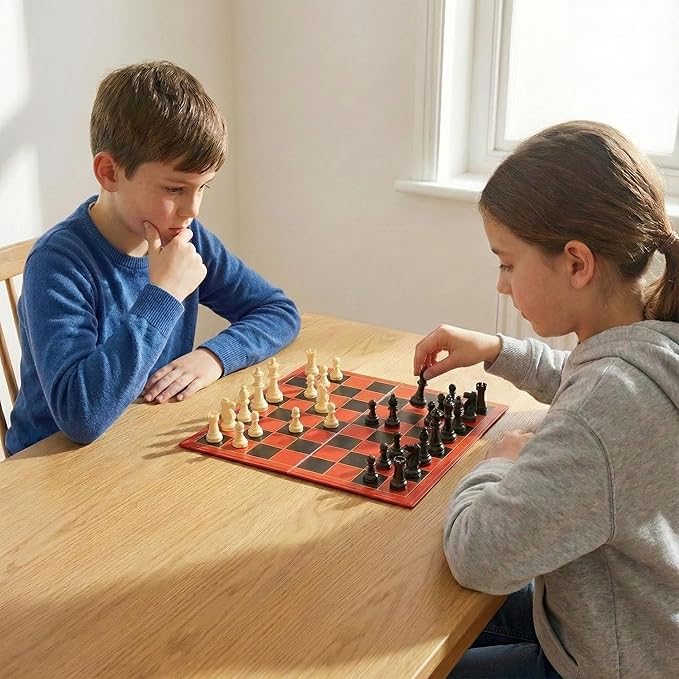 3-in-1 Chess, Checkers & Tic-Tac-Toe Game Set – Double-Sided Folding Board – Staunton Style Pieces & Interlocking Checkers – Classic Strategy Family Board Game for Kids & Adults