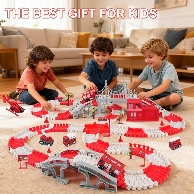 GIAT Race Car Track Toy for Kids - Birthday Gift for Boys Ages 3 4 5 6 7 Year Old, Flexible DIY Playset with Helicopter and Fire Truck, 330+ PCS Interactive Set