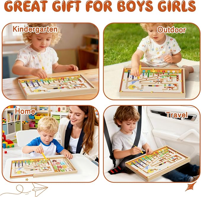 4-in-1 Magnetic Color and Number Maze, ABC Animal Alphabet Puzzles with Drawing Board, Wooden Montessori Toy Storage Box for 3-5 Year Old, Toddler Educational Learning Toy for Kids Boys Girls
