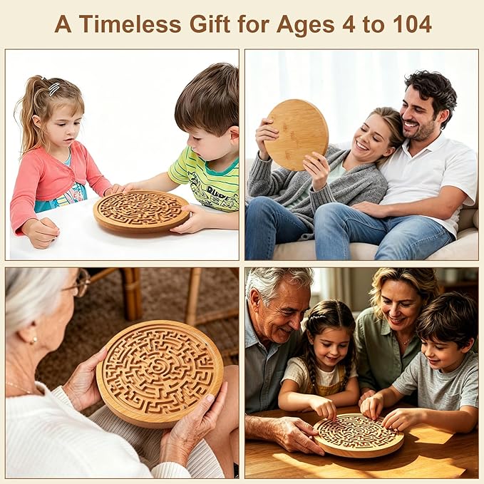 Round Wooden Labyrinth Board Game, Bamboo Handheld Maze with Acrylic Cover & 2 Metal Game Pieces, Educational Brain Teaser Puzzle Logic Game for Kids, Adults, Boys and Girls, Stress Relief Toy