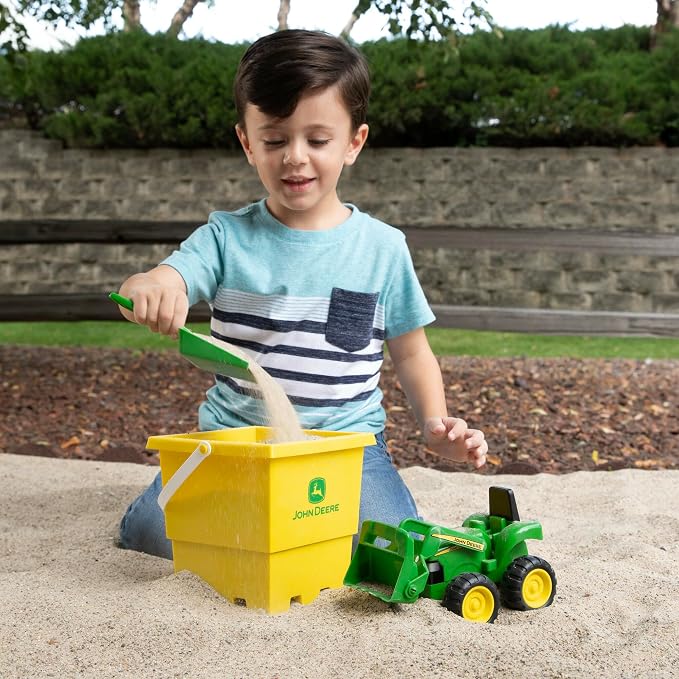 TOMY John Deere Sandbox Toy Set - Includes Dump Truck Toy, Bucket and Beach Shovel - Toddler Outdoor Toys and Farm Toys - Summer Kids Sand Toys - Green - 3 Count