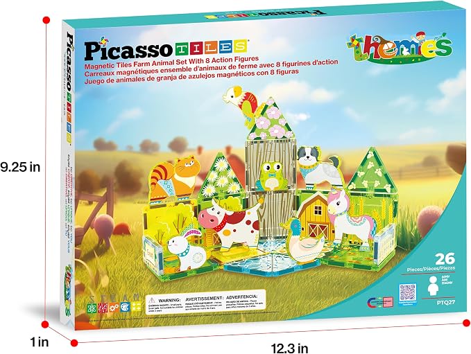 PicassoTiles Magnetic Tiles Magnet Tile Building Blocks Printed Fall Farm Themed Animal Toy Set with 8 Farmyard Animals Character Action Figures STEM Learning Playset for Kids, Ages 3+ PTQ27
