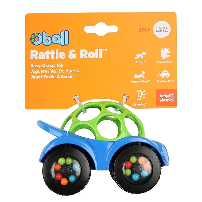 Bright Starts Oball Easy Grasp Rattle & Roll Toy Sports Car BPA-Free Infant Crawling Toy, Age 3 Months and up, Blue/Green (Pack of 6)