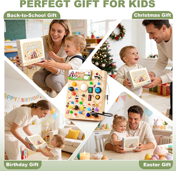 Busy Board for Toddlers 1-3 - Montessori Educational Sensory Toy with 10 Switches & 19 Lights, Activity Board for Fine Motor Skills, Travel Toys for 1+ Year Old Boy & Girl Birthday Gift(Farm Theme)