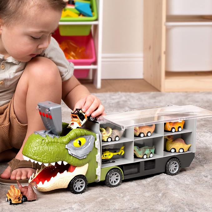 JOYIN 13 in 1 Dinosaur Toys for Kids 3-5, Transport Dinosaur Carrier Truck with 12 Pull Back Cars, Toddler Toys 3-4, Birthday Gifts for 3 4 5+ Year Old Boys