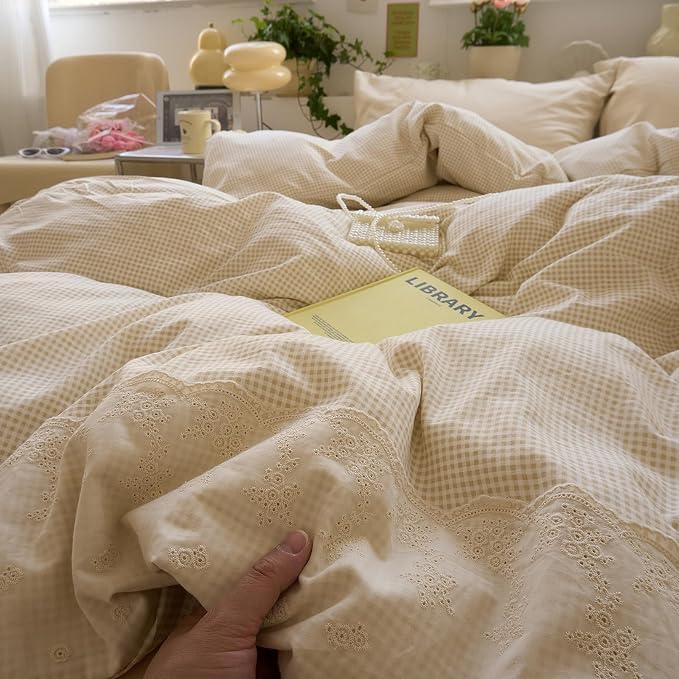 LifeTB Tan Gingham Comforter Set Full Romantic Lace Style Beige Taupe Plaid Comforter Set 3 Pieces Vintage Checkered Grid Comforter with 2 Pillowcases Fluffy Soft Farmhouse Gingham Bedding Set