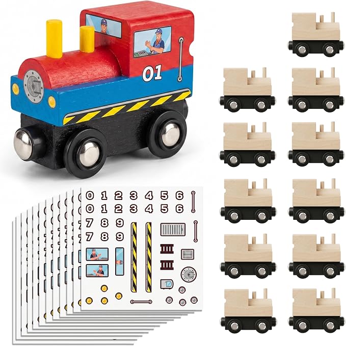 12 Pcs Unpainted Wooden Train And Stickers - Craft Kit – Magnetic Engines with 12 Sticker Sheets – Compatible with All Major Wooden Railway Brands – Art Project for Kids & Birthday Party Favors