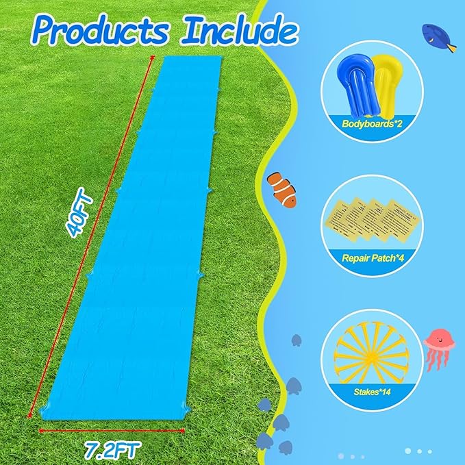 Slip Water Slide, 40FT Giant Slip Water Slides for Kids Backyard, Heavy Duty Slip and Water Slide for Kids Adults Waterslides Backyard Summer Outdoor Toys with 14 Stakes and 2 Inflatable Bodyboards