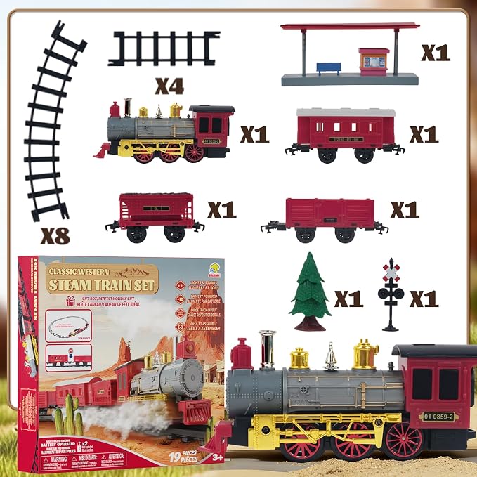 Goldlok Electric Train Set with Light & Sounds, 19 PCS Train Toys for Toddlers 3-5 & Kids 4-8, Locomotive, Passenger Car, 12 Tracks, Indoor Toy, Birthday for Boys and Girls